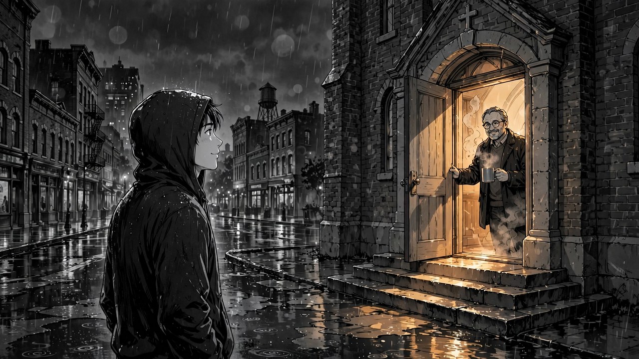 Scene 3 of From Darkness Into Light — Elijah: Marcus stands in the gentle rain as Elijah smiles and holds the church door open for him, a warm cup in hand and golden light spilling onto the steps