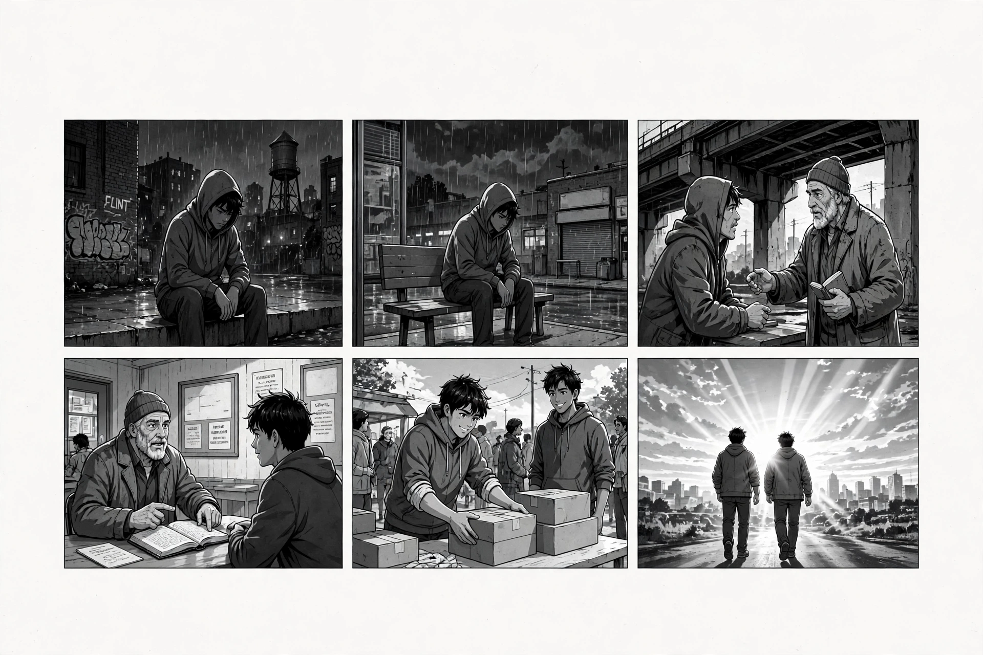 Six-panel black-and-white urban anime storyboard showing Marcus and his mentor Elijah moving through Flint from night into morning light